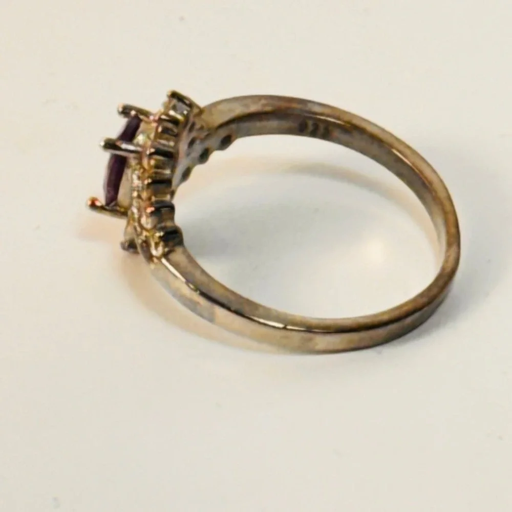 Ring Purple Oval Stone Silver Tone Bypass Halo Statement Boho Whimsygoth Size 7
